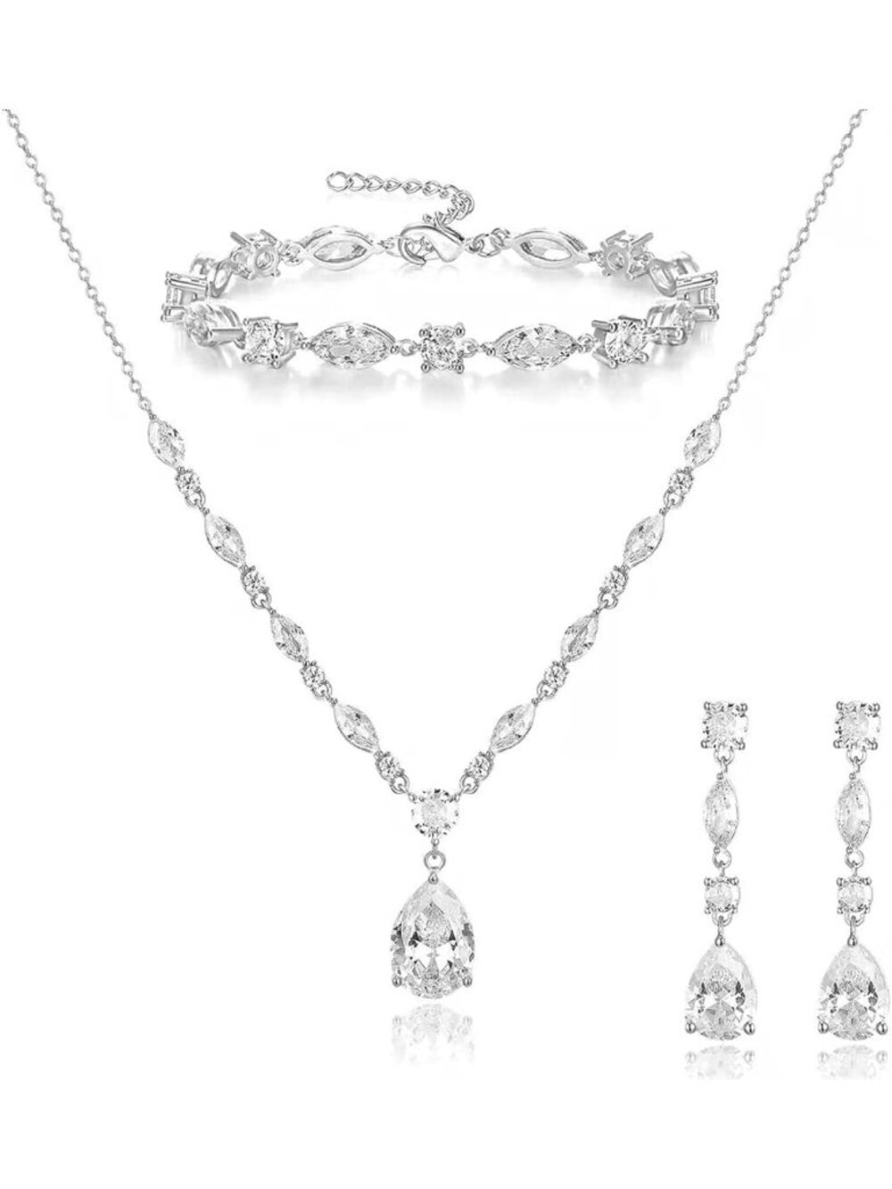 Elegant Bridal Teardrop Jewelry Set - Cubic Zirconia Necklace, Earrings
